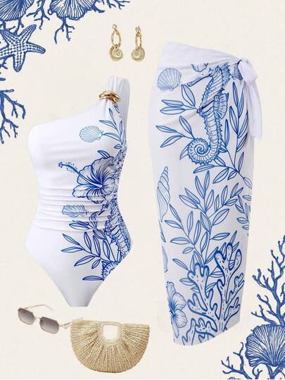 Swim Oasis 2026新款女士两件套印花白色连体泳衣和网纱长裙沙滩度假优雅泳装套装