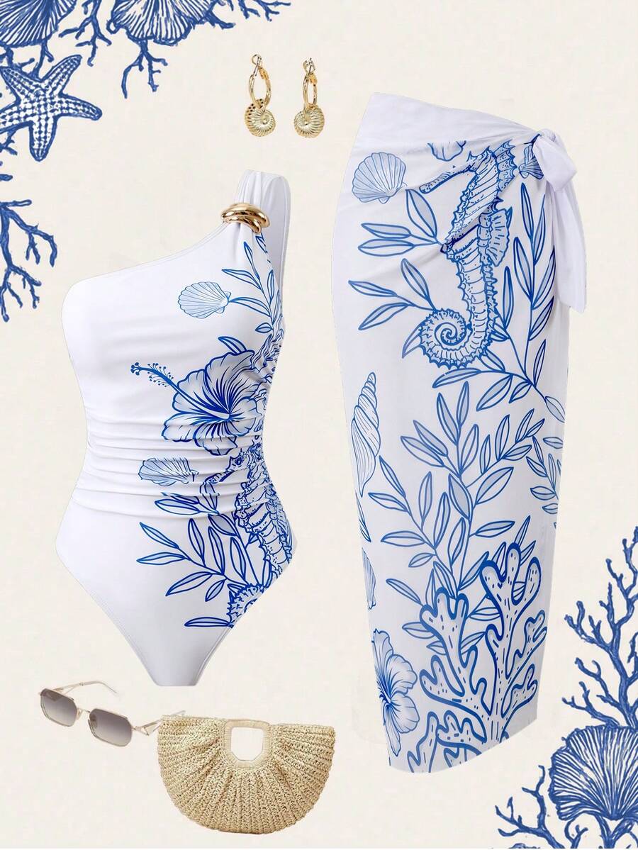 SHEIN Swim Oasis 2026新款女士两件套印花白色连体泳衣和网纱长裙沙滩度假优雅泳装套装 - 藍白色 - 查看 1