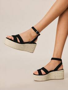 Styleloop 女士编织草绳交叉绑带高跟圆头凉鞋 - 黑色 - 查看 7