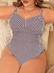 Swim Lushoire Áo tắm liền thân cỡ lớn dành cho nữ, in họa tiết sọc, dây mảnh, xếp ly, thích hợp cho kỳ nghỉ hè ở bãi biển. - Nhiều màu - Xem 1
