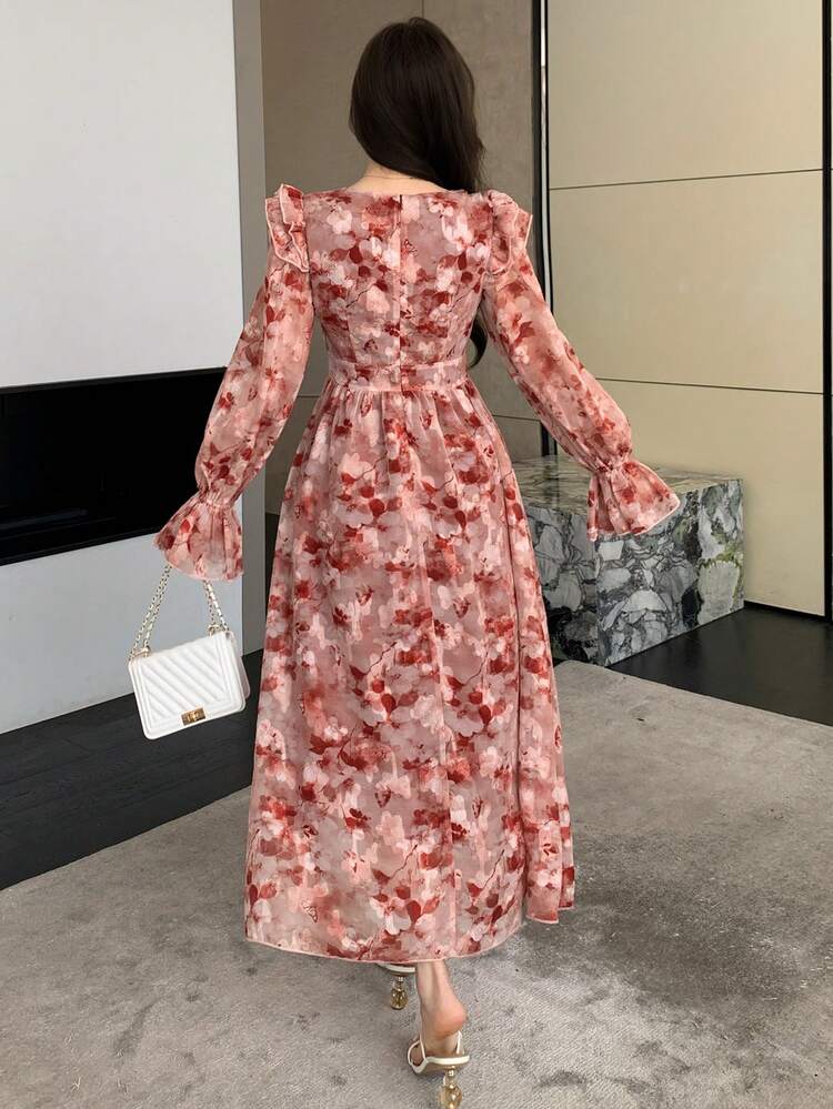 Women's Elegant Floral Ruffle V-Neck Mid-Length Dress, Spring/Summer Wedding Guest Dress Sundress Boho