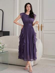 DAZY Đầm dài ngang gối thanh lịch màu trơn, viền bèo nhún dành cho nữ, đầm dự tiệc cưới mùa hè, đầm cocktail. - Màu tím - Xem 4