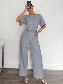 Siren Gaze 2pcs Women Solid Color Pleated Shirt And Pants Casual Suit Comfy Two Piece Set Gray 2 Lounge Sets Woman Comfortable Set,Work Outfits For - Light Grey - View 4