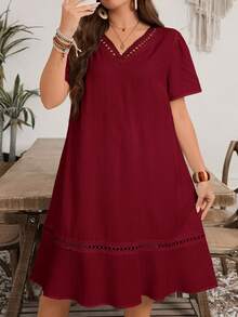 EMERY ROSE Plus Size Women Summer Casual Solid V-Neck Dress - Burgundy - View 6
