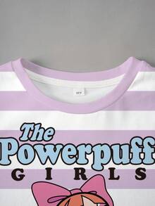 THE POWERPUFF GIRLS X SHEIN 少女休闲日常通勤时尚街头风可爱卡通字母图案条纹印花宽松T恤和骑行短裤套装，夏季 - 白色 - 查看 5