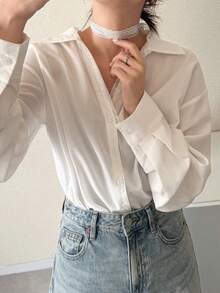 FRIFUL 女士纯色常规领宽松蕾丝系带衬衫 - 白色 - 查看 8