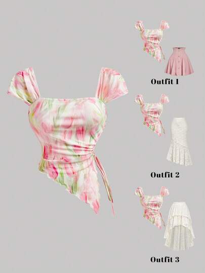 SHEIN MOD 女士Y2K印花不对称下摆侧抽绳休闲T恤