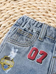 SHEIN Quần short denim rộng rãi, rách rưới, in chữ bóng rổ dành cho bé trai. - Rửa nhẹ - Xem 4