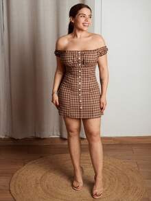 Lupita Cardoza Casual Fashion Slim-Fit Plaid Off Shoulder Mini Dress For Women - Coffee Brown - View 1