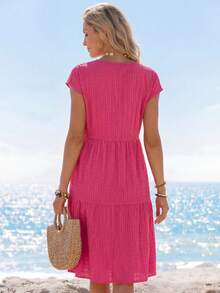 EMERY ROSE Women's Spring/Summer Solid Ruffle Hem Round Neck Short-Sleeve Dress,Bohemia - Hot Pink - View 2