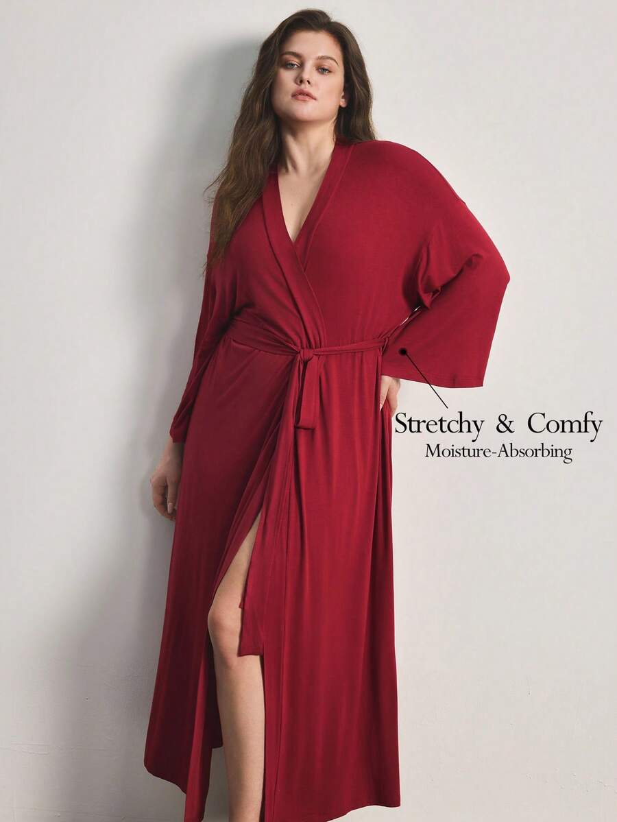 Ocili Bata larga de manga larga cómoda y suave de talla grande y estilo minimalista - Burdeos - Ver 1