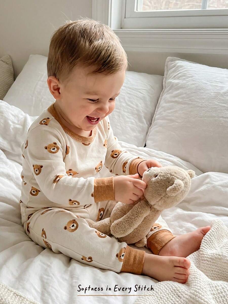 Cozy Pixies 男婴卡通熊印花柔软针织圆领长袖上衣和松紧腰长裤两件套贴身睡衣套装 - 杏色 - 查看 1