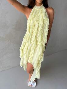 Aloruh 浅黄色荷叶边浪漫无袖不对称中长连衣裙，度假连衣裙 - 淡黃色 - 查看 7