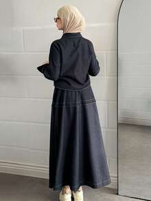 DAZY 2pcs Women Casual Collared Contrast Trim Top And Skirt Set - Navy Blue - View 2