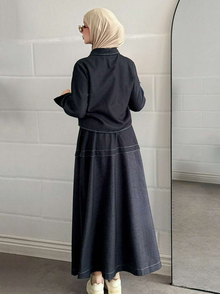 2pcs Women Casual Collared Contrast Trim Top And Skirt Set Lounge Sets For Women