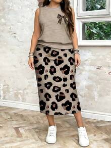 大码女式豹纹蝴蝶结装饰短袖上衣和半裙休闲套装两件套女式休闲两件套女式半裙豹纹半裙女式半裙 - 彩色 - 查看 5