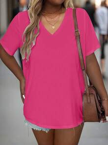 EMERY ROSE T-shirt casual à col V unicolore et manches courtes pour femmes grandes tailles - Rose vif - Voir 3