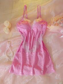 DelicateAllure Camisón mini de contraste de encaje y malla para mujeres - Rosa - Ver 6