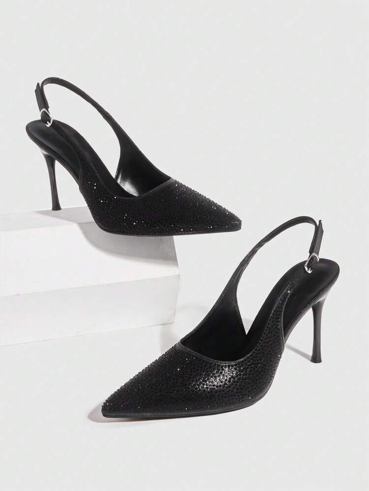 CUCCOO SZL Women Shoes Pointed Slender Heel Black Rhinestone Gorgeous Sexy Party Banquet Night Club Women's High Heel Shoes Women's Shoes Spring Shoes