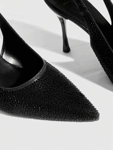 CUCCOO SZL 女士时尚尖头细跟黑色水钻后跟提拉性感宴会派对女士高跟鞋露跟鞋女鞋 - 黑色 - 查看 5
