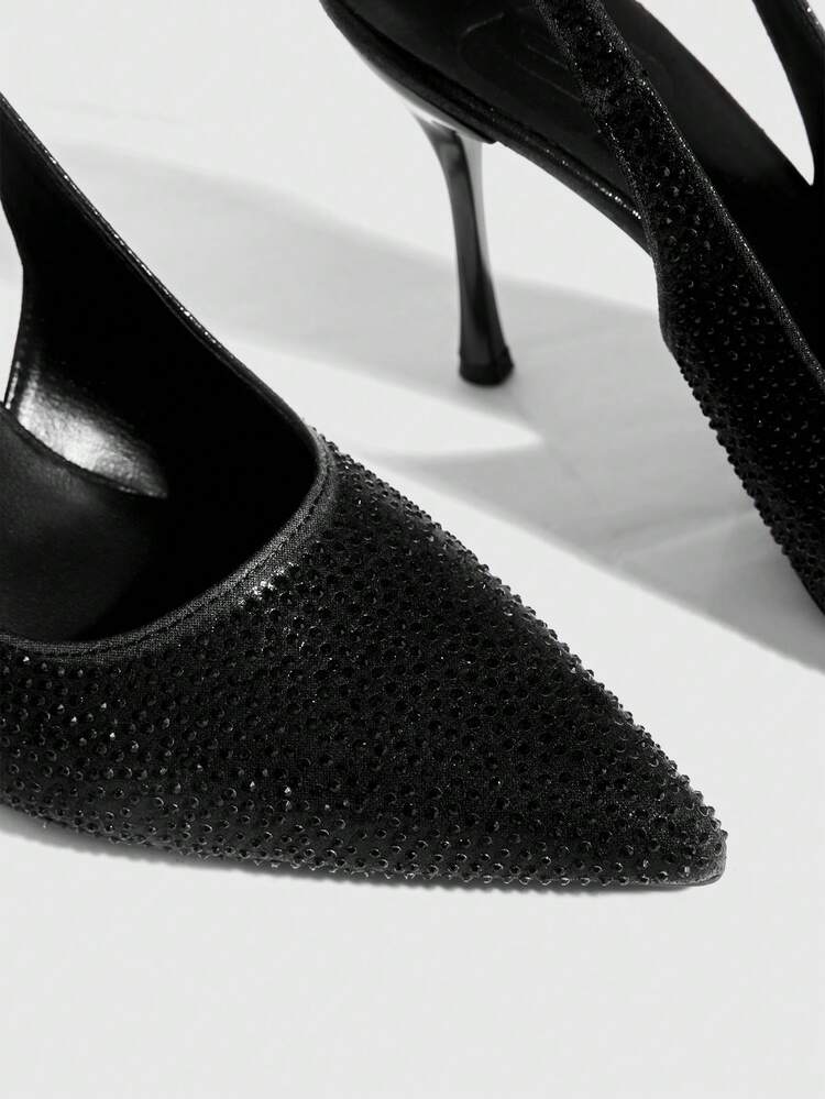 CUCCOO SZL Women Shoes Fashion Pointed Slender Heel Black Rhinestone Slingback Sexy Banquet Party Ladies High Heel Shoes Slingback Shoes Women's Shoes