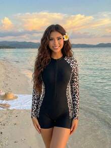 SHEIN Emery Rose Kids 女童休闲度假泳衣，黑色豹纹拼接拉链连体泳衣，修身长袖连体泳衣，休闲度假，适合春夏旅行、海滩度假 - 黑色 - 查看 4