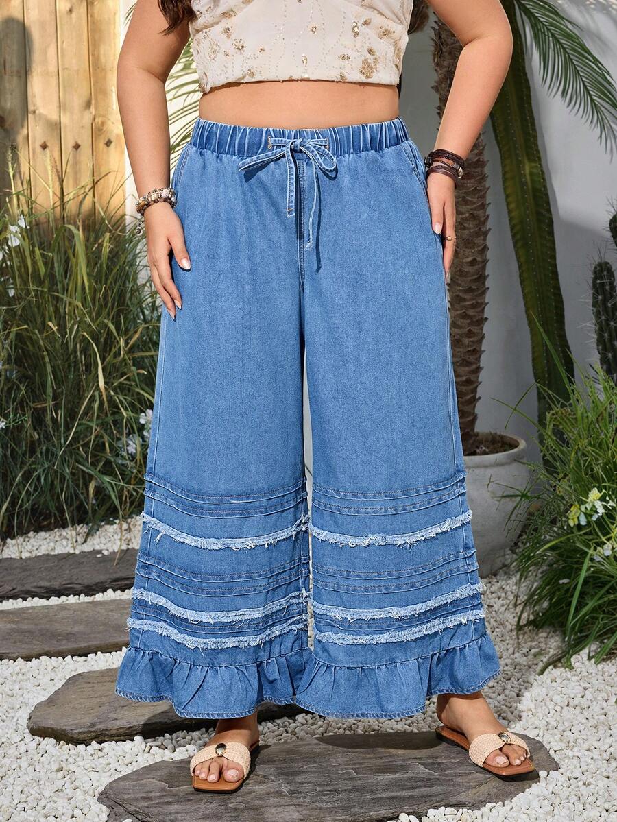 SHEIN Holidaya Plus Size Women Casual Ruffle Hem Wide Leg Jeans - Medium Wash - View 1