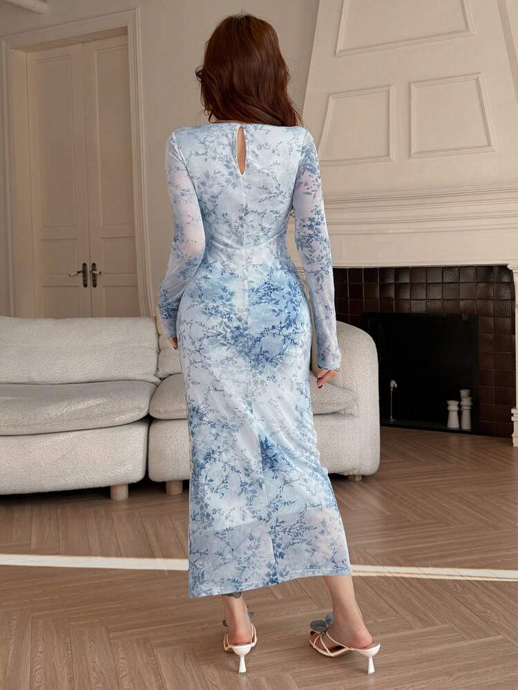 Elegant Floral Print Pleated Round Neck Dress For Women, Spring/Summer Wedding Guest Dress Maxi Dress Sundress