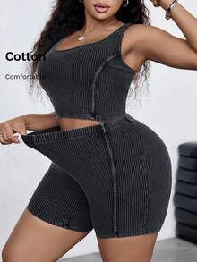 Dripcurv Plus-Size Black Ribbed Crew Neck Sleeveless Top And Shorts Two Pieces Set, Summer Sporty Style. - Black - View 7