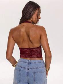 SHEIN BAE Áo hai dây croptop cổ yếm màu đen trơn phối ren tương phản gợi cảm dành cho nữ, thích hợp cho kỳ nghỉ xuân/hè, hẹn hò, lễ hội âm nhạc, buổi hòa nhạc. - Màu Tím - Xem 2