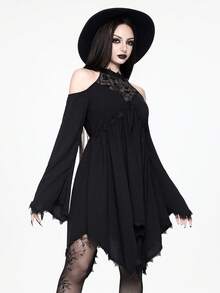ROMWE Boho Goth Dark Forbidden Forest Snake Dreamcatcher Embroidery Hollow Design Flare Sleeve Asymmetrical Hem Dress - Black - View 6