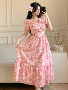 DAZY Women's Pink Bubble Dress With Rose Print, Elegant - Pink - View 3