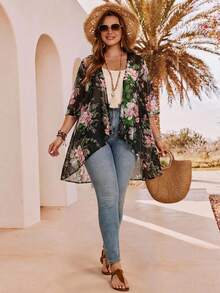 EMERY ROSE 大码优雅不对称下摆前开襟轻薄夏季外套，乡村休闲度假风女装，简约时尚日常穿着，夏季女装，秋冬季西式女装 - 彩色 - 查看 5