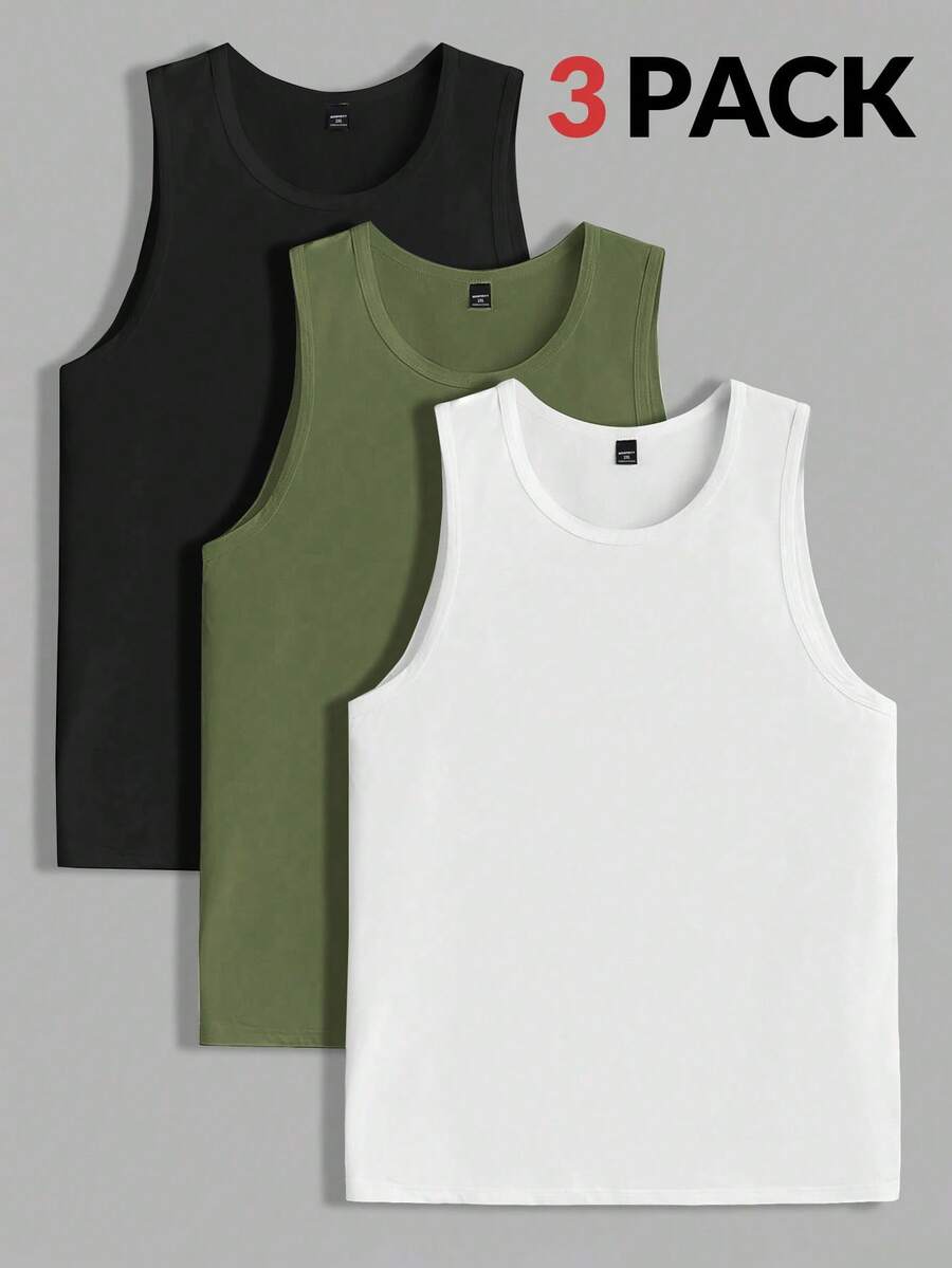 EASEVO Plus Size Men's Casual Solid Color Round Neck Tank Top, Versatile For Summer Men's Tank Tops Pack Men's Cut Sleeve Tank Top - Multicolor - View 1