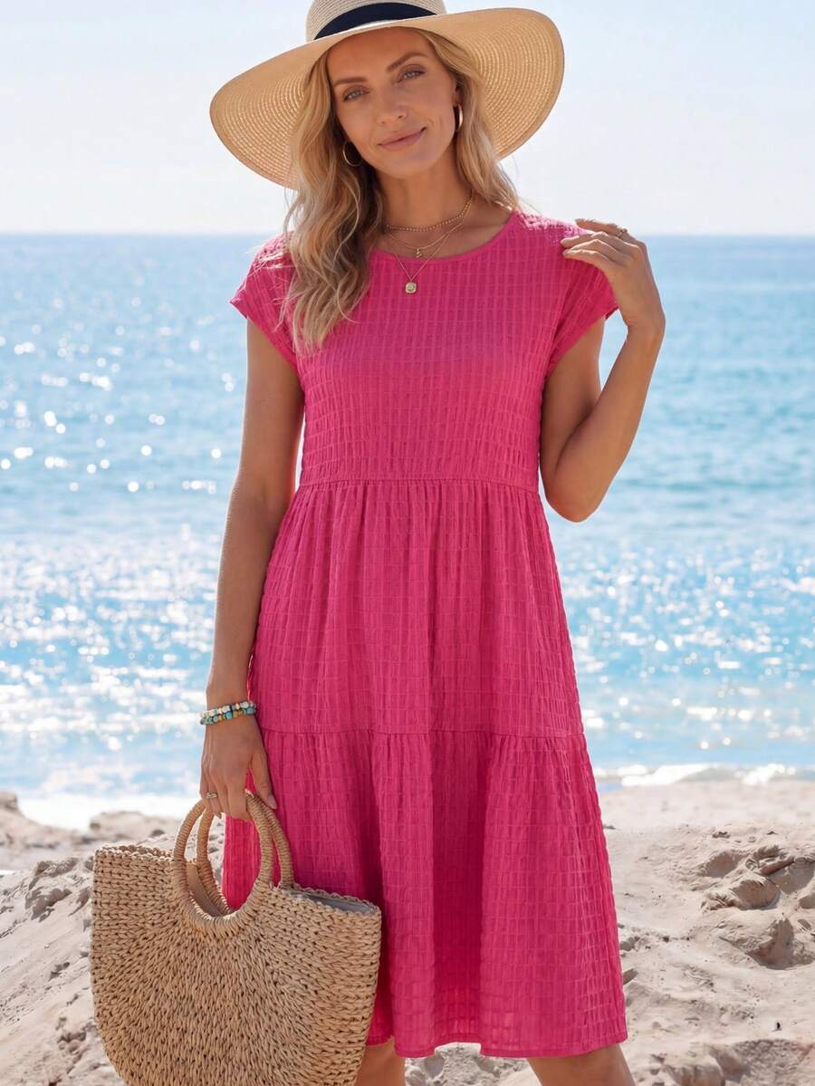 EMERY ROSE Women's Spring/Summer Solid Ruffle Hem Round Neck Short-Sleeve Dress,Bohemia - Hot Pink - View 1