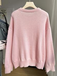 Comfortcana Fashionable Pink Crew Neck Knitted Teddy Bear Sweater - Pink - View 2