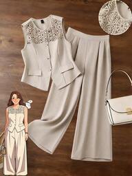 SHEIN LUNE Damen Große Größen Set aus ärmellosem Top mit rundem Ausschnitt, Baumwoll-Leinen-Mischung, Spitze-Patchwork, Fake-Tasche, offene Vorderseite + weite, lässige, bequeme und vielseitige Hose mit weitem Bein, 2-teiliges Set