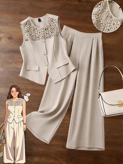 Linhara Conjunto de 2 piezas de mujer talla grande con blusa sin mangas de cuello redondo de mezcla de algodón y lino con encaje y parches, talla grande pantalones anchos y sueltos de pierna ancha, cómodos y versátiles