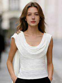 SHEIN LUNE Camiseta ajustada sin mangas con cuello drapeado elegante para mujer - Blanco - Ver 7