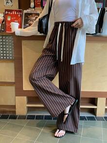 DAZY Women's New Loose Drawstring Striped Wide Leg Casual Pants - Coffee Brown - View 4