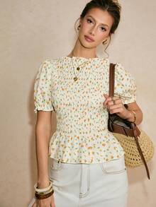 Poéselle Women's Casual Textured Print Short Sleeve Shirt, Summer - Light Yellow - View 2