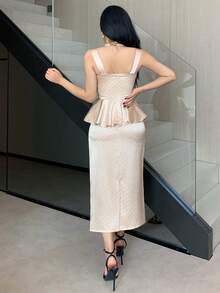 DAZY Women's Elegant Polka Dot Square Collar Sleeveless Ruffle Hem Tank Top And Straight Skirt 2-Piece Set, Summer - Apricot - View 2