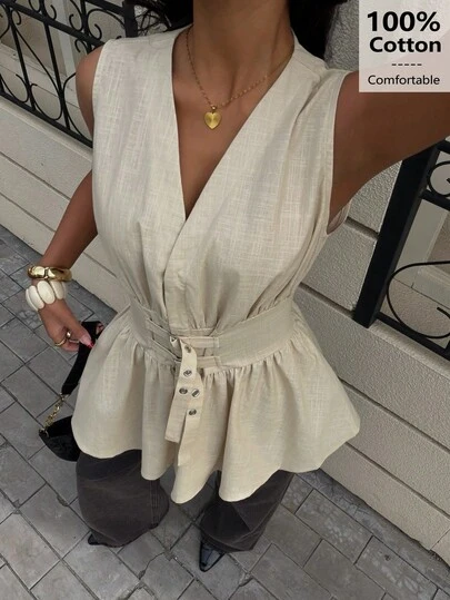 Siren Gaze 100%纯棉无袖衬衫，双腰带设计，柔软亲肤，杏色，适合工作和度假穿着，优雅女士衬衫