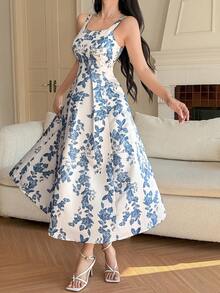 DAZY 女士优雅印花无袖中长连衣裙，夏季婚礼宾客礼服 - 藍色 - 查看 4