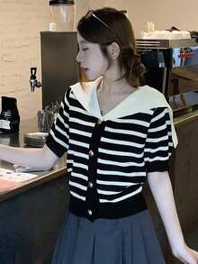 DAZY Women's Elegant Contrast Stripe Collared Knit Top, Summer - Black - View 3