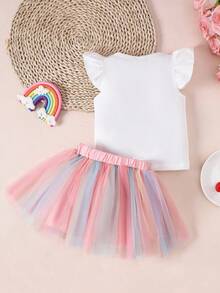 SHEIN Playful Pals 两件套女婴可爱甜美“我的第一个生日”印花圆领荷叶袖T恤搭配彩虹薄纱裙，适合夏季外出穿着。 - 白色 - 查看 2