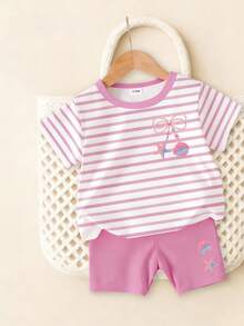SHEIN Playful Pals 2件套女婴可爱粉色贝壳海星条纹印花短袖T恤和短裤套装，适合夏季外出穿着 - 彩色 - 查看 2
