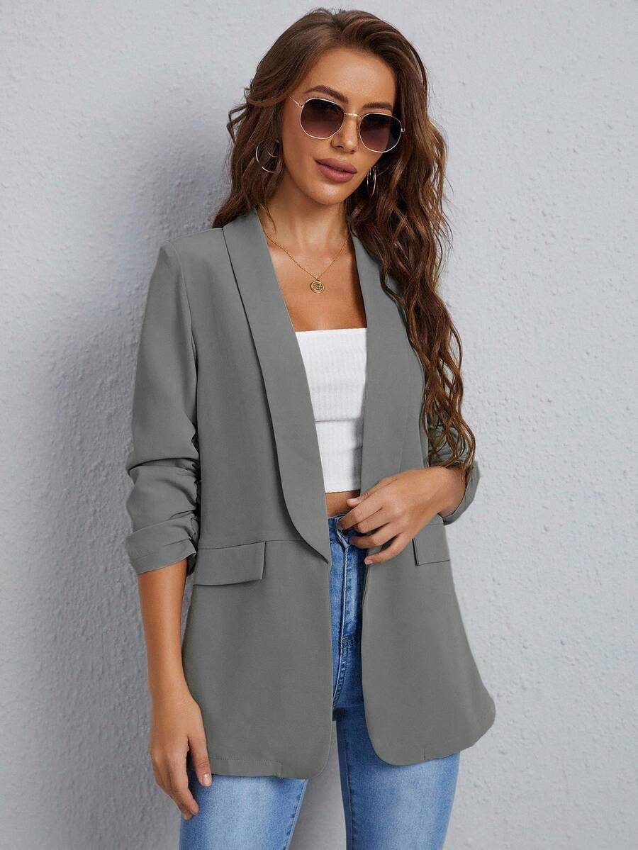 EURMUSE Women's Casual/Work Notch Collar Faux Pocket Flap Detail Blazer - Grey - View 1