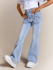 Radiana Vintage Blue Denim Bowknot Pocket Design Flared Pants For Tween Girl,Girls Summer Brunch Church Graduation Party Outfits,Streetwear,Girls Summer Beach Boho Vacation Shorts, Summer Concert Festival Casual Rave Outfits, Girls Summer Brunch Church Graduation Outfits,Streetwear,Back To School Outfits,Back To School Outfits, Flare Jeans, Jeans With Bows, Jeans For Teens, Bow Jeans, Light Wash Jeans - Light Wash - View 6
