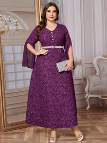 Reflora Đầm dài tay xẻ tà cổ chữ V họa tiết hoa jacquard dành cho nữ cỡ lớn, thanh lịch. - Màu tím - Xem 6